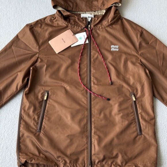 MIUMIU Women's Elastic Cuff Hooded Jacket, Brown - Picture 2 of 3